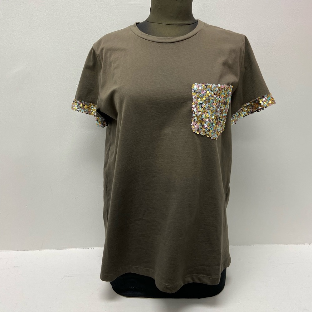Olive Green Sequined T-Shirt